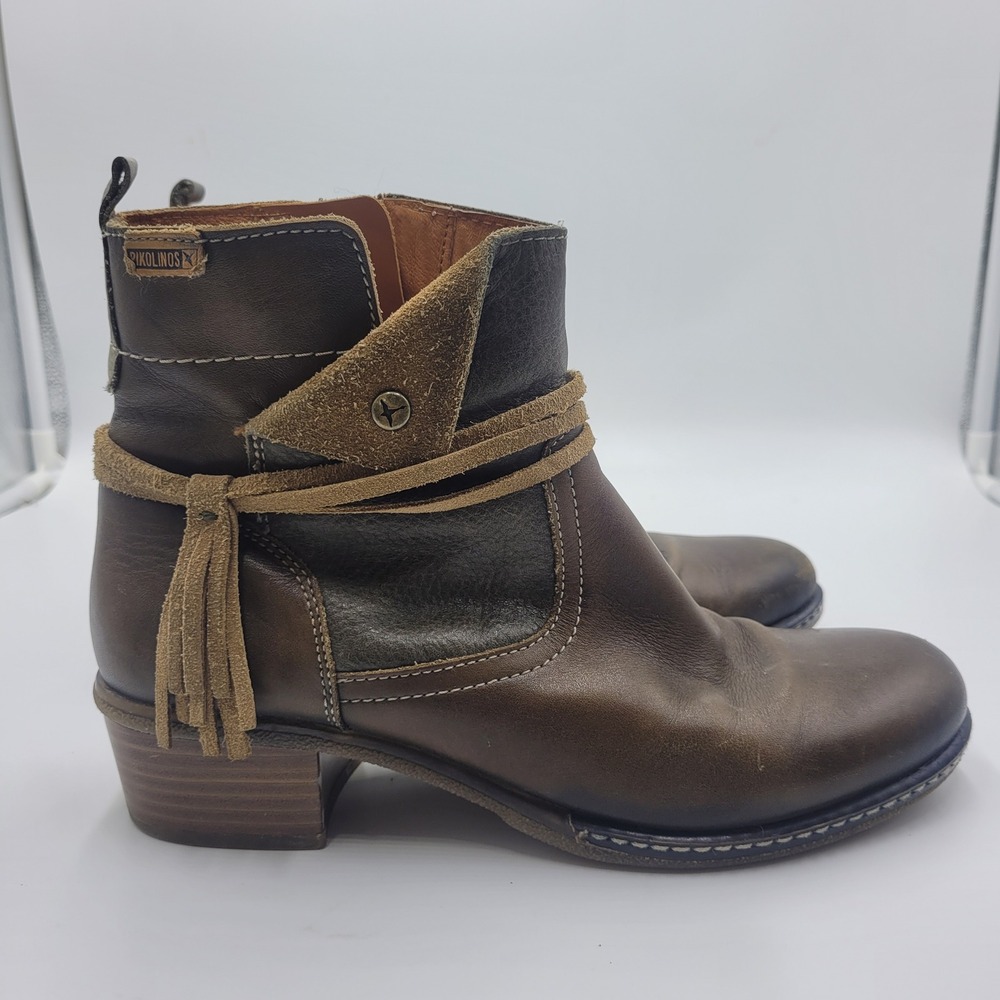 Pikolinos Brown Leather Tassel Ankle Boots Side Zip Boho Booties Women 39 US 8.5